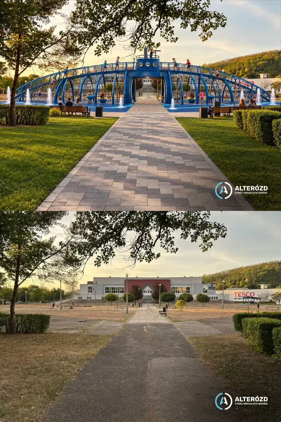A tengeralattjáró-játszópark látványterve – fent az elképzelés, lent a valós helyszín