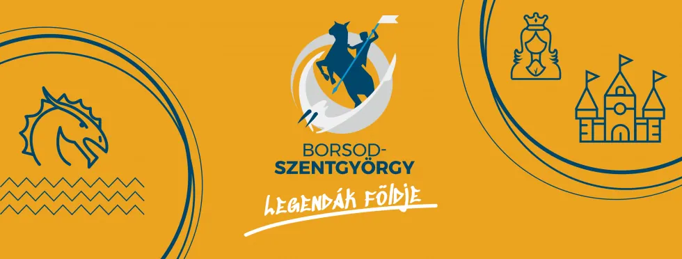 Borsodszentgyörgy arculati banner sárga háttéren a legendák figuráival