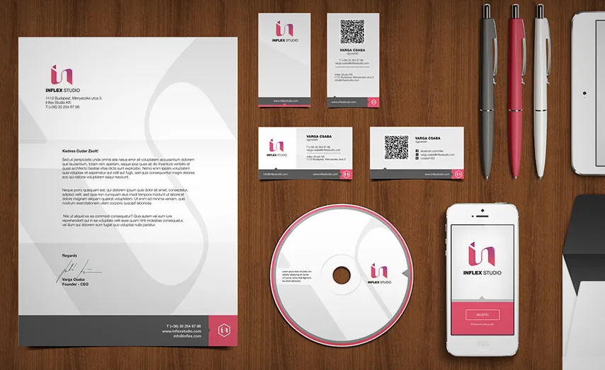 Inflex Studio levélpapír, névjegyek, CD és mobil mockup