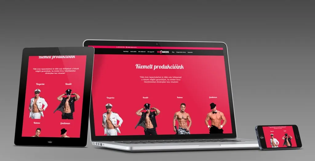 A Maddancers produkcióit bemutató oldal tableten és laptopon