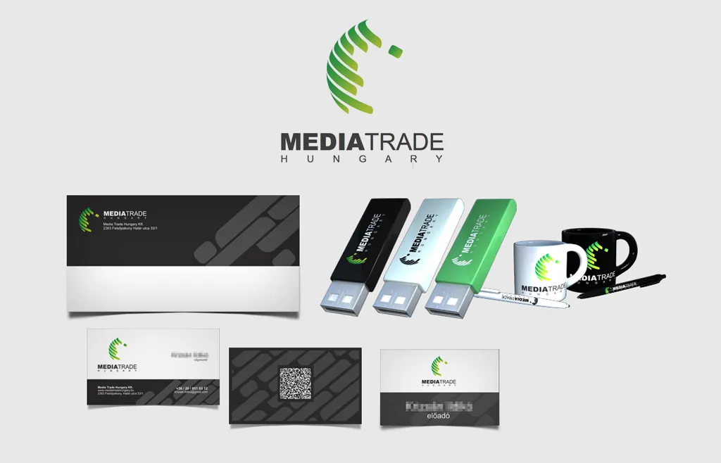 MediaTrade Hungary logó, névjegyek, pendrive-ok és bögre
