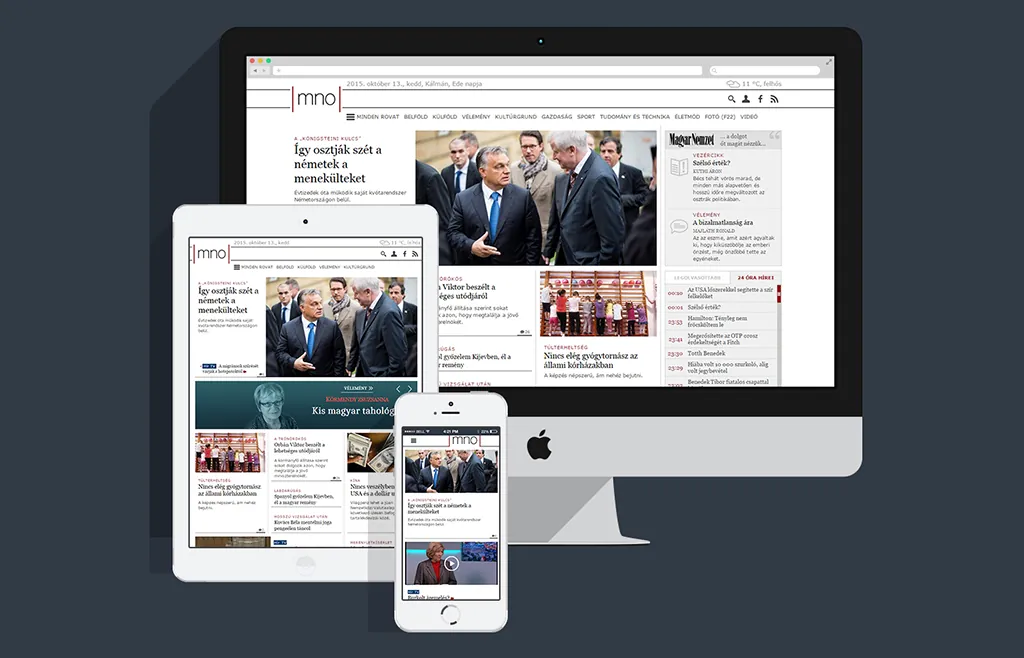 Az MNO.hu címlapja asztali monitoron, tableten és mobilon