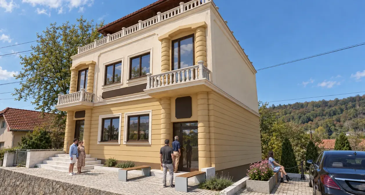 Hangonyi épület fotórealisztikus látványterve az Ózdi Olvasó hangulatát idéző, világos, díszített homlokzattal, balusztrádos erkélyekkel és rooftop tetőterasszal.