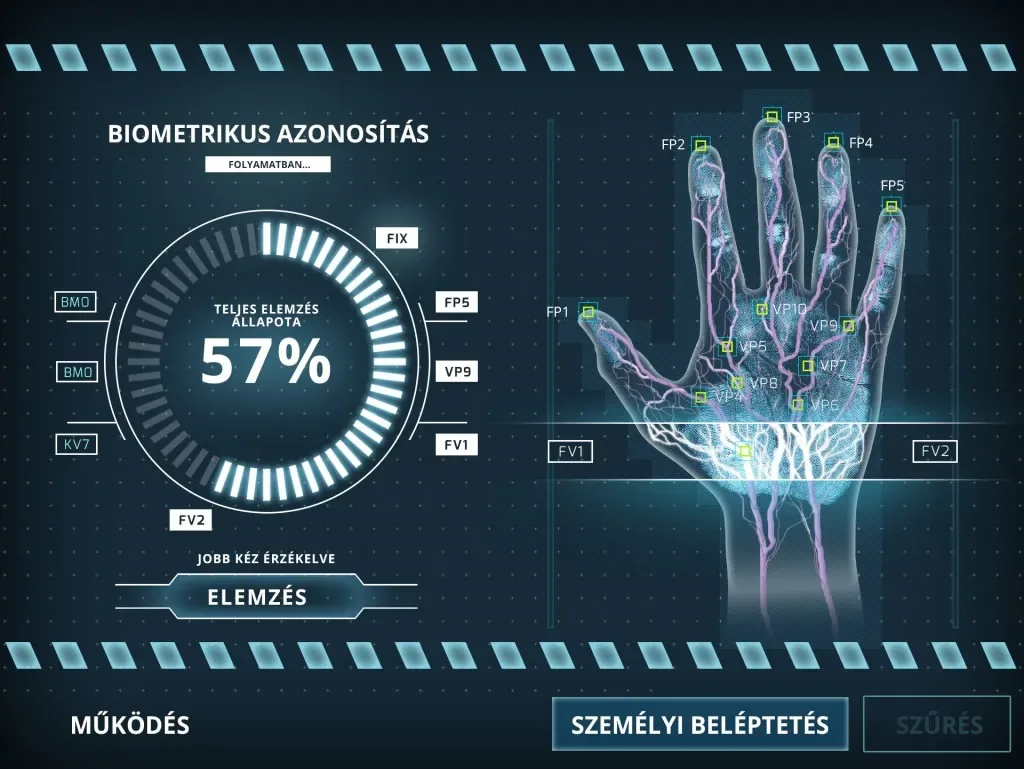 Biometrikus vénaszkenner felülete: elemzési állapotjelző és átvilágított kézfej mérési pontokkal
