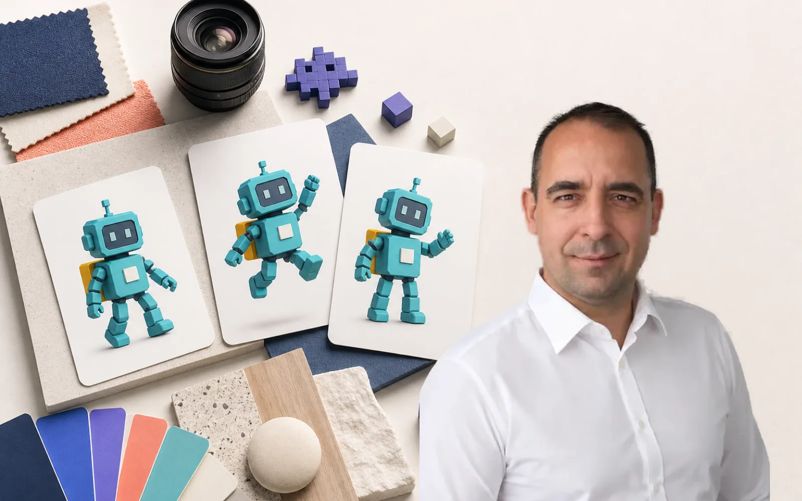 Három karaktertervező kártya ugyanazzal a türkiz robotfigurával, mellettük színminták, objektív és anyagminták.