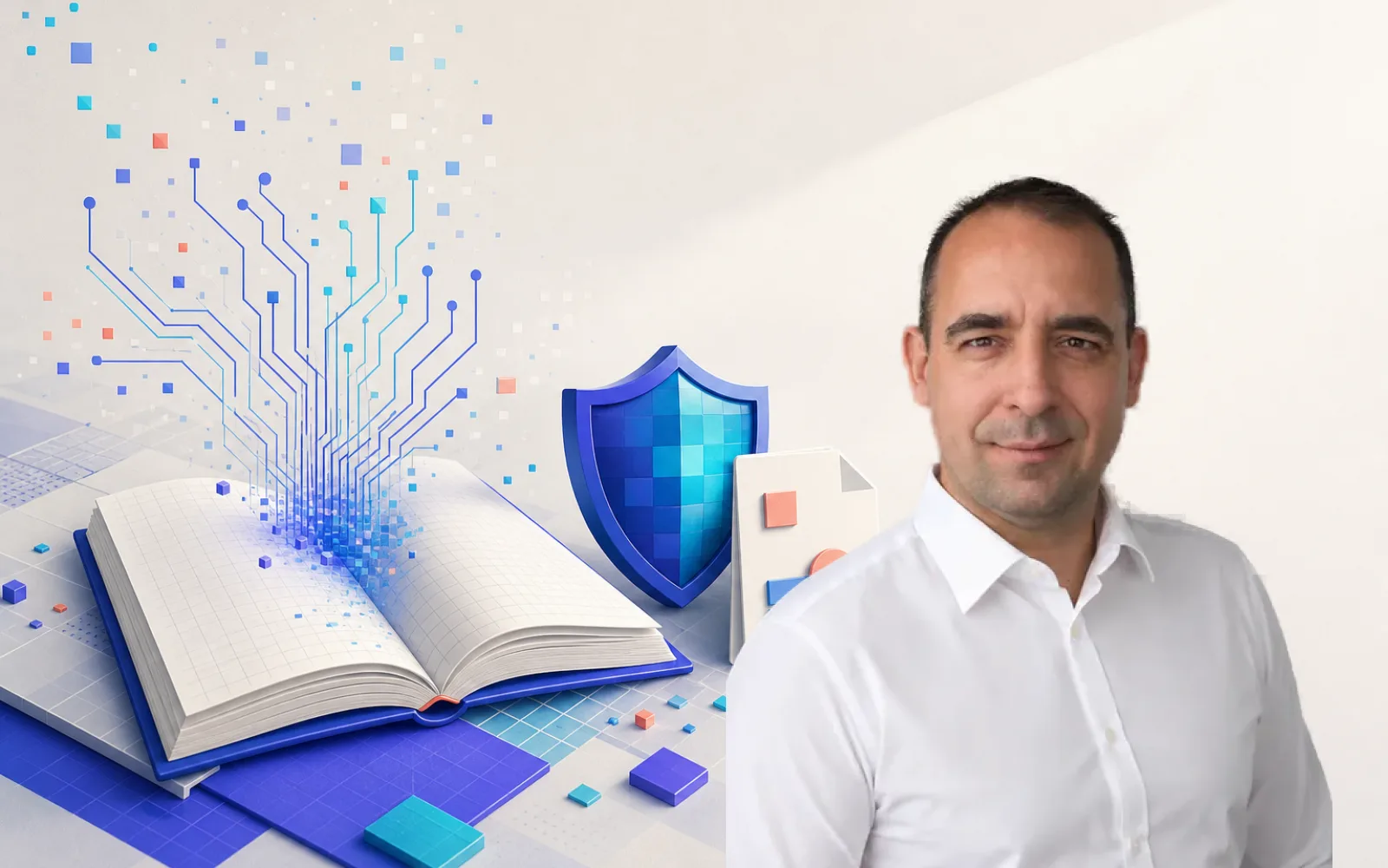 Iskolai füzet, digitális áramkör és adatvédelmi pajzs egy szabályokat jelképező dokumentum mellett.
