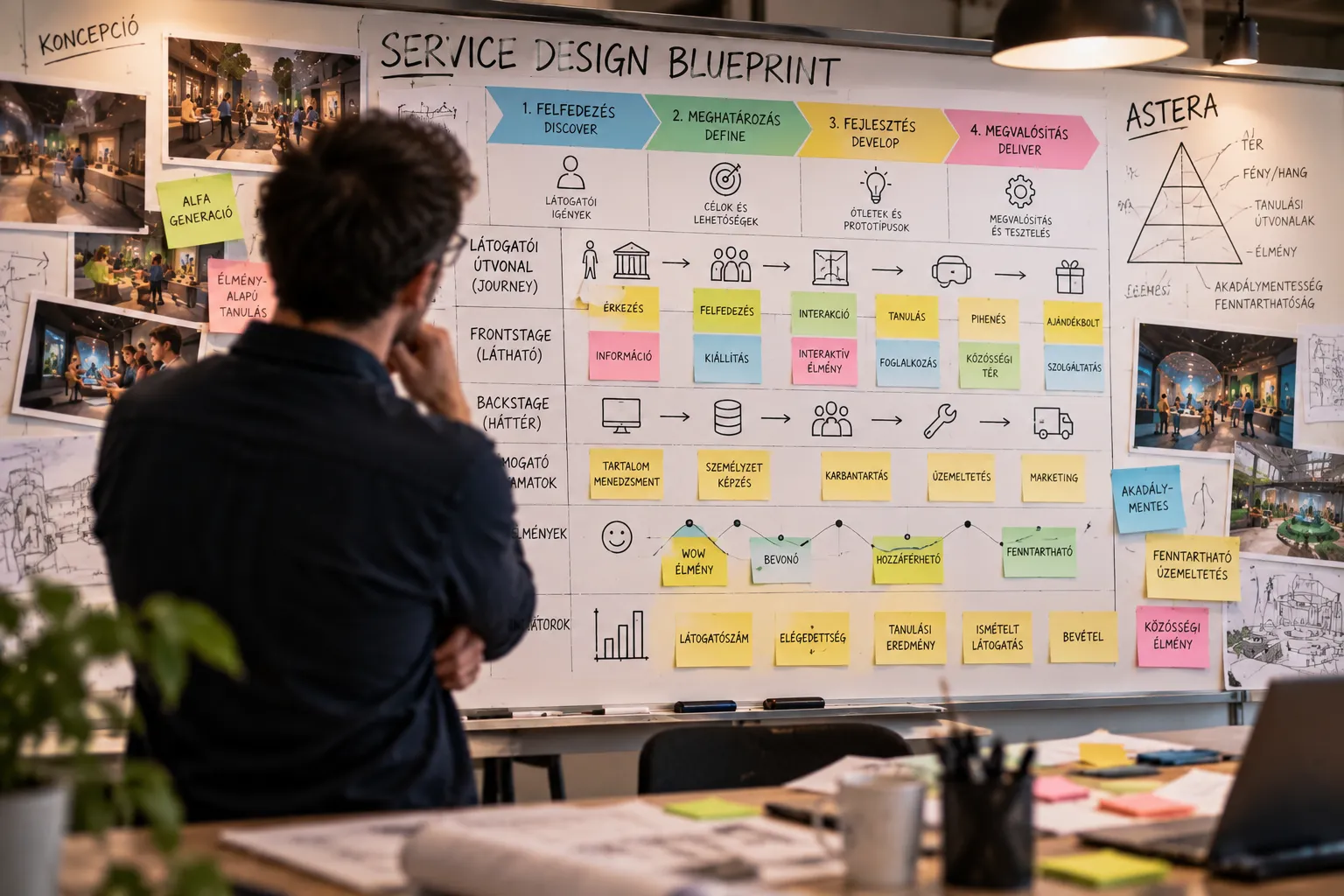 Egy service designer hátulról, elgondolkodva tanulmányoz egy színes cetlikkel, ábrákkal és látogatói útvonalakkal ellátott Service Design Blueprint táblát. A tervezési folyamat a turisztikai élményfejlesztés, az akadálymentesség, a fenntarthatóság és az élményalapú tanulás szempontjait kapcsolja össze.